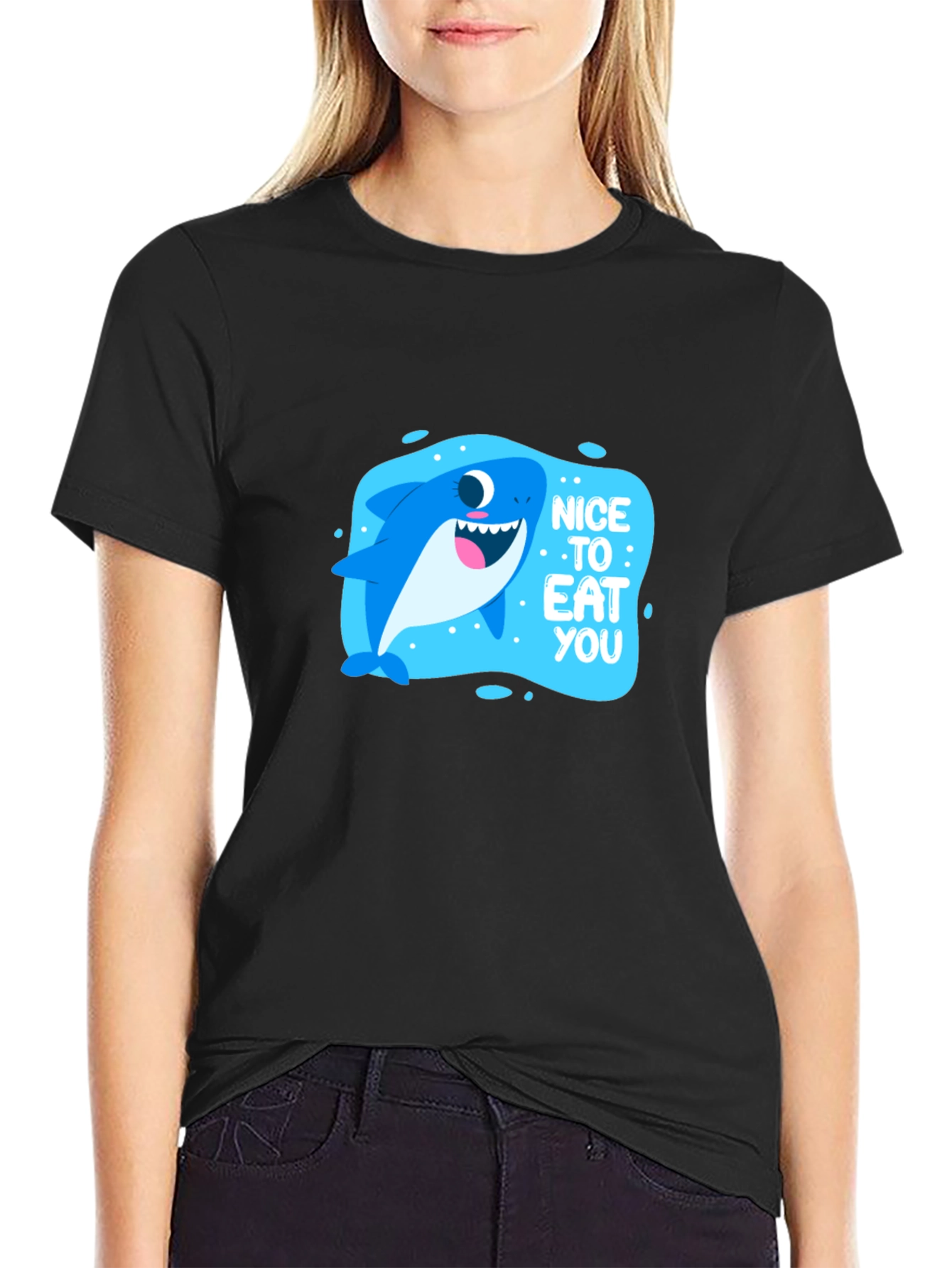 Funny Shark Nice to Eat You Black T-Shirt