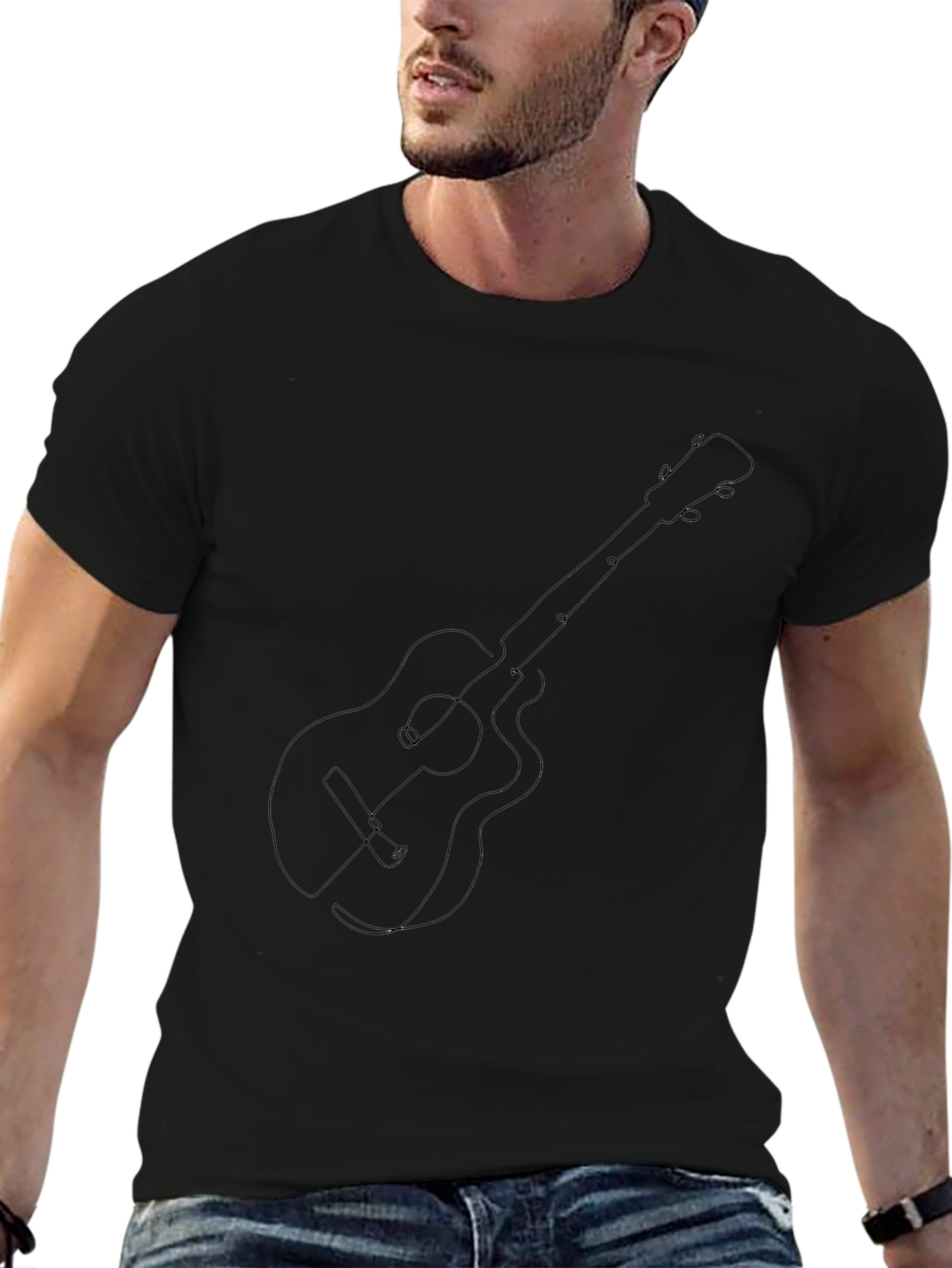 Guitar Line Art Graphic Tee - Black Cotton Blend