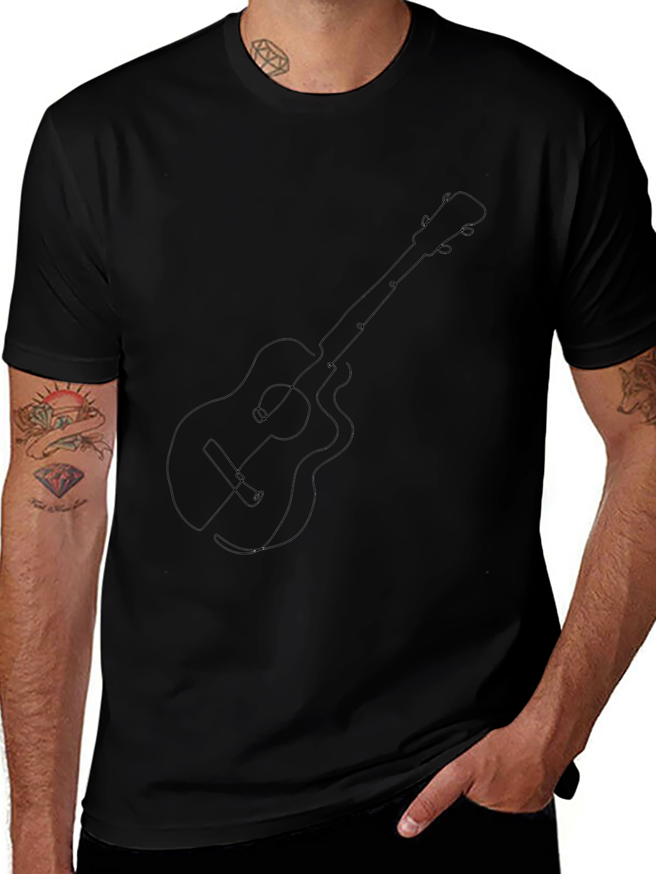 Guitar Line Art Graphic Tee - Black Cotton Blend