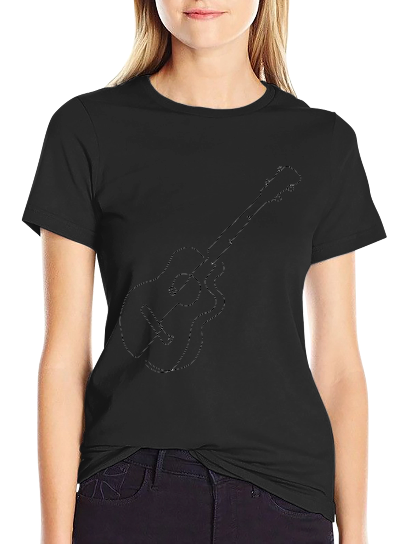 Guitar Line Art Graphic Tee - Black Cotton Blend