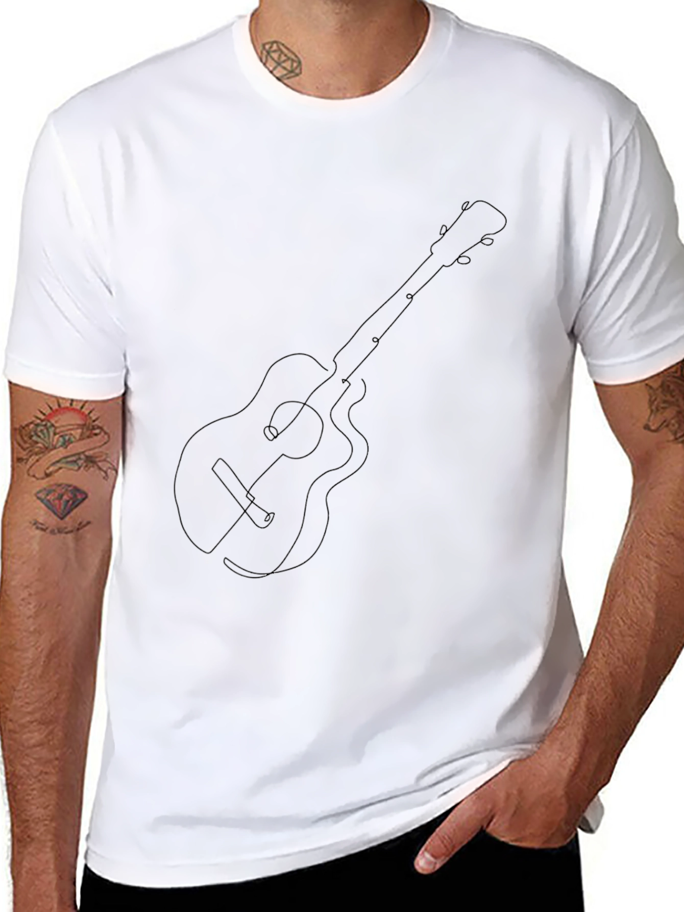 Guitar Line Art Graphic Tee - Black Cotton Blend