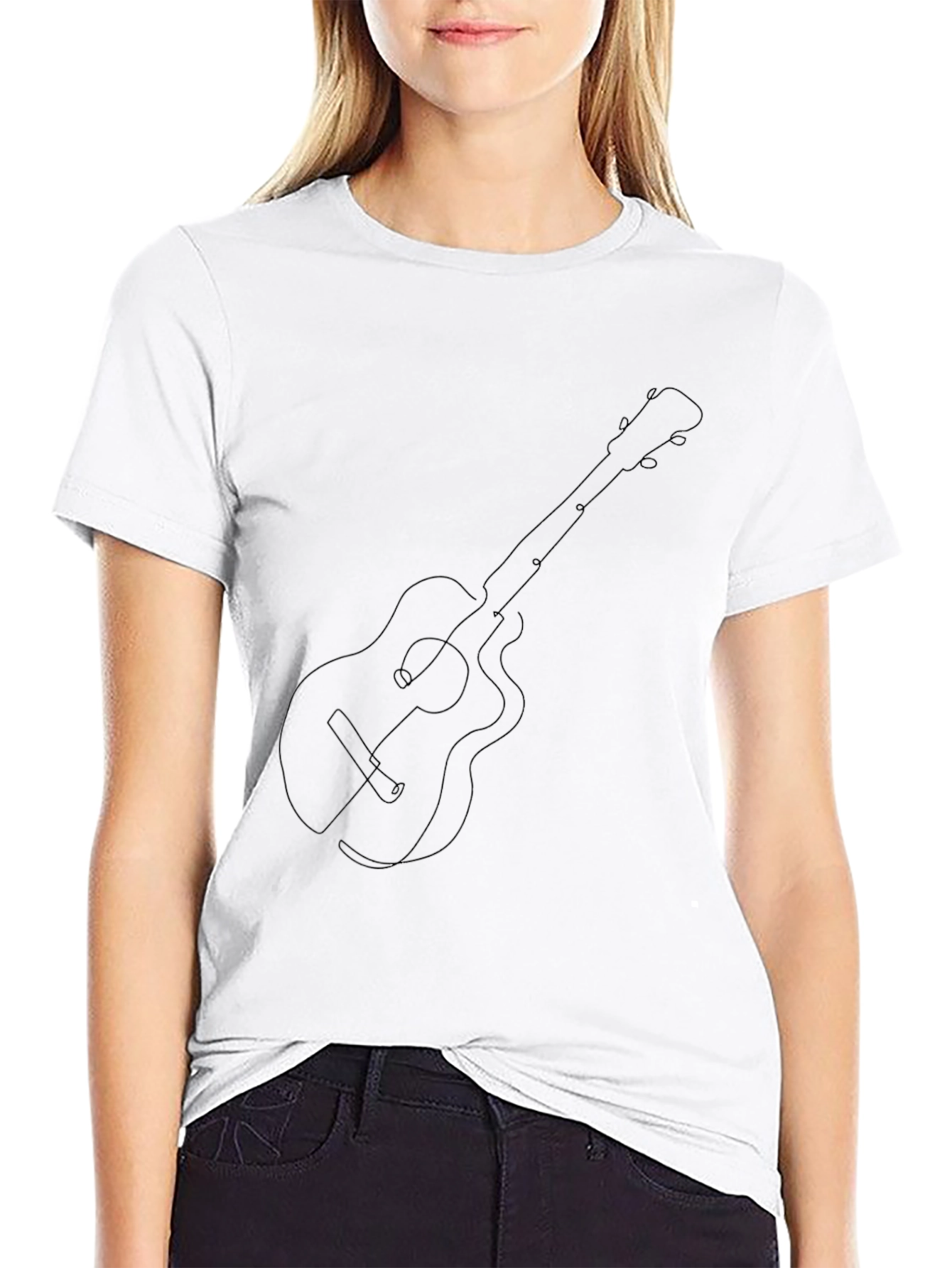 Guitar Line Art Graphic Tee - Black Cotton Blend