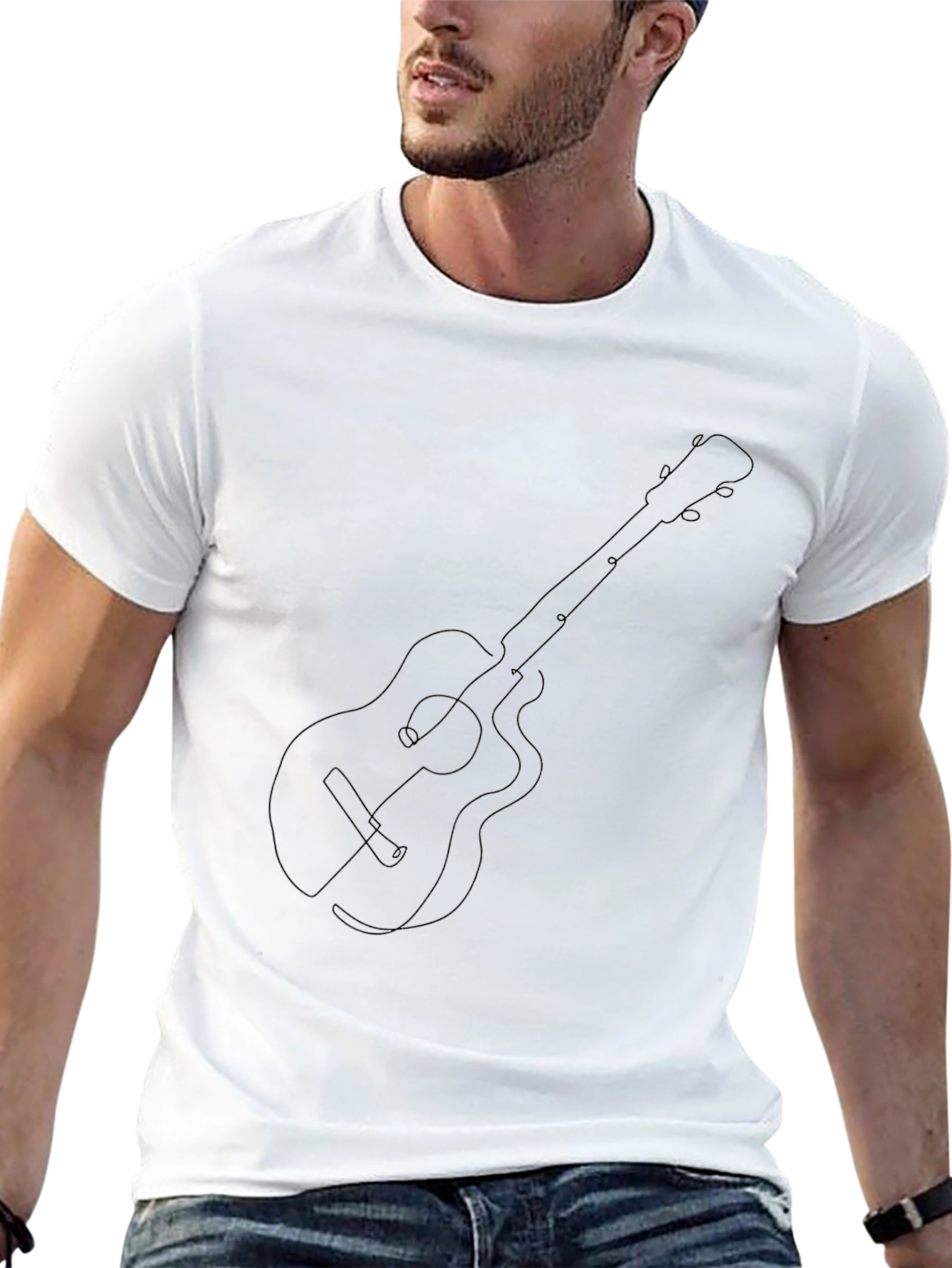 Guitar Line Art Graphic Tee - Black Cotton Blend