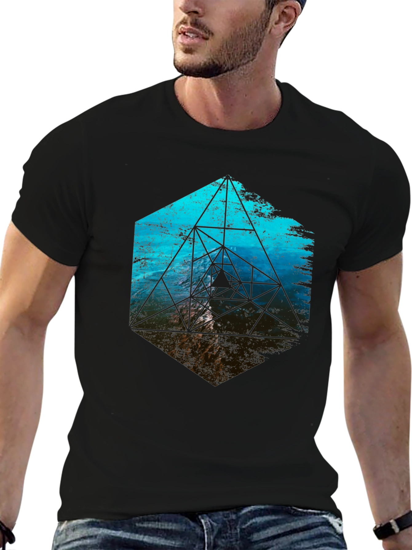 Geometric Ocean Wave T-Shirt - Black