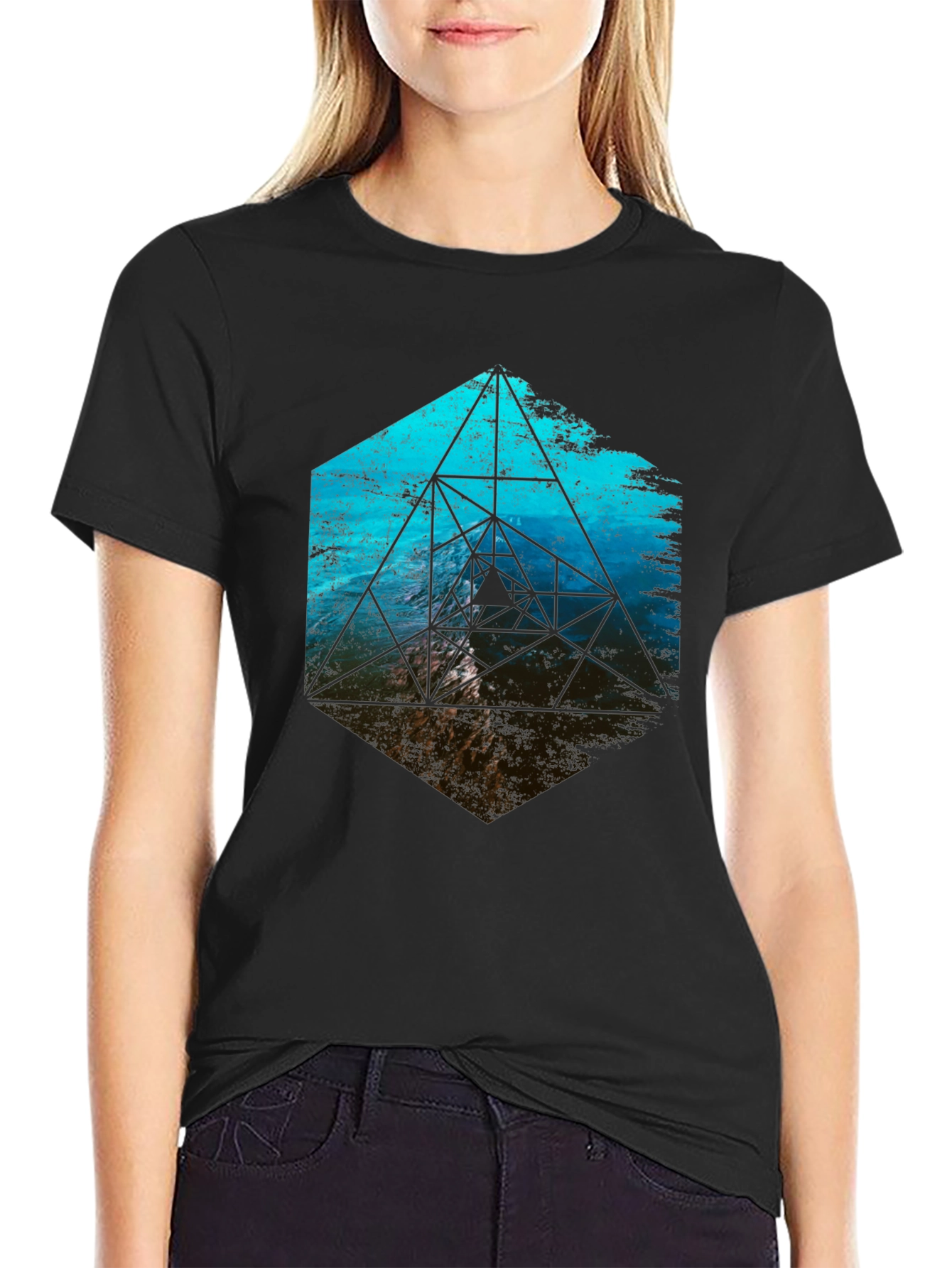 Geometric Ocean Wave T-Shirt - Black