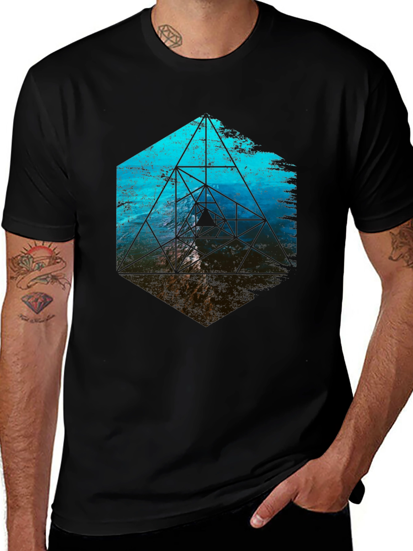 Geometric Ocean Wave T-Shirt - Black