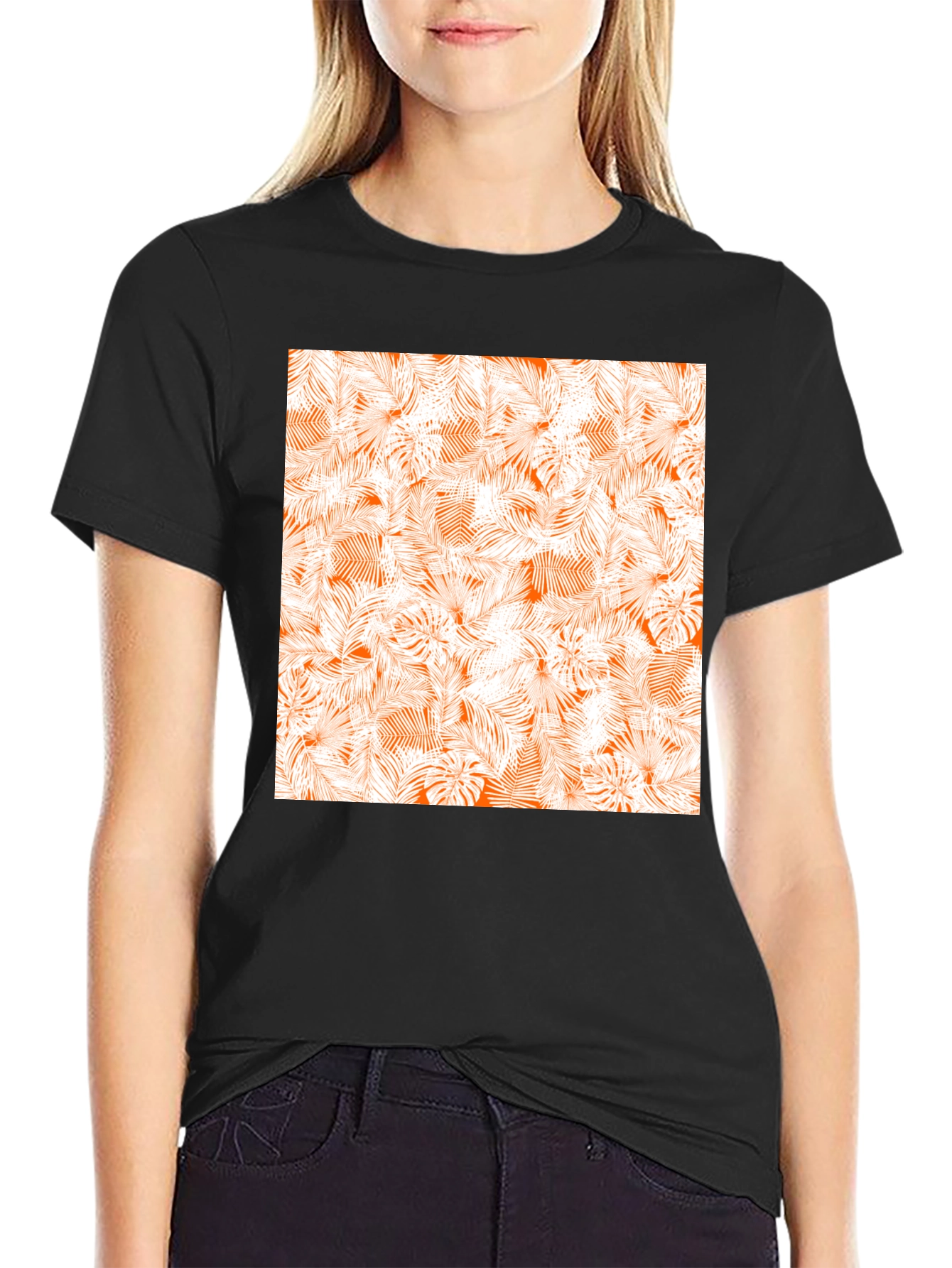 Tropical Leaves Print Black T-Shirt