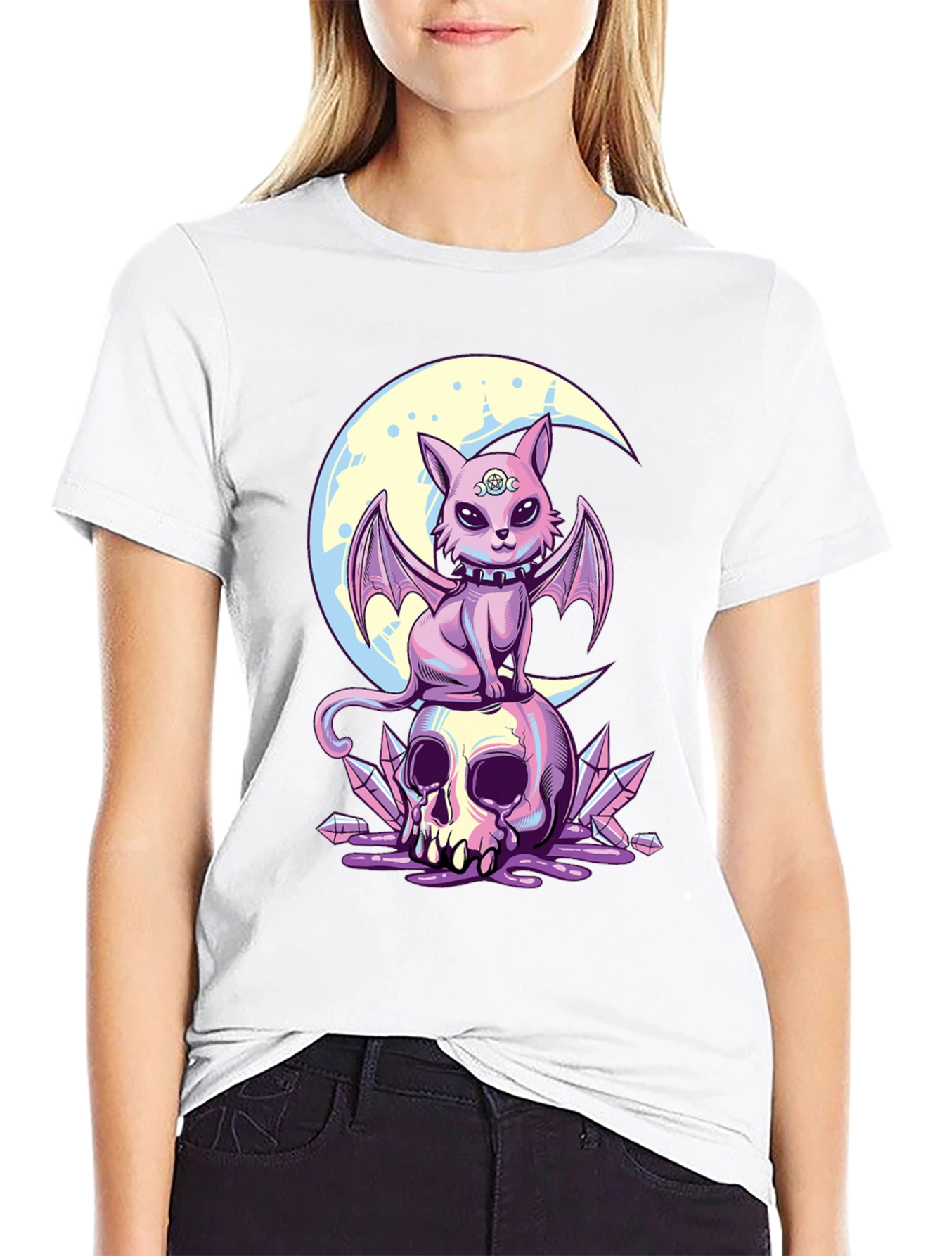 Skull Moon Bat Cat Graphic T-Shirt