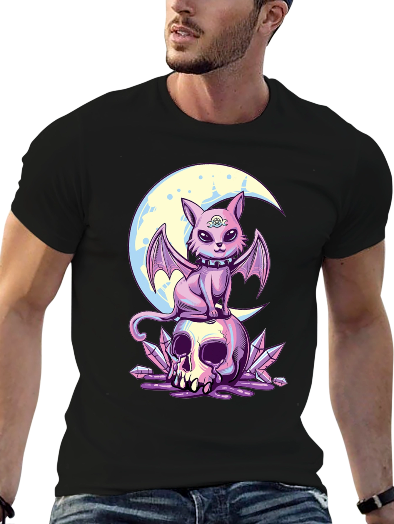 Skull Moon Bat Cat Graphic T-Shirt