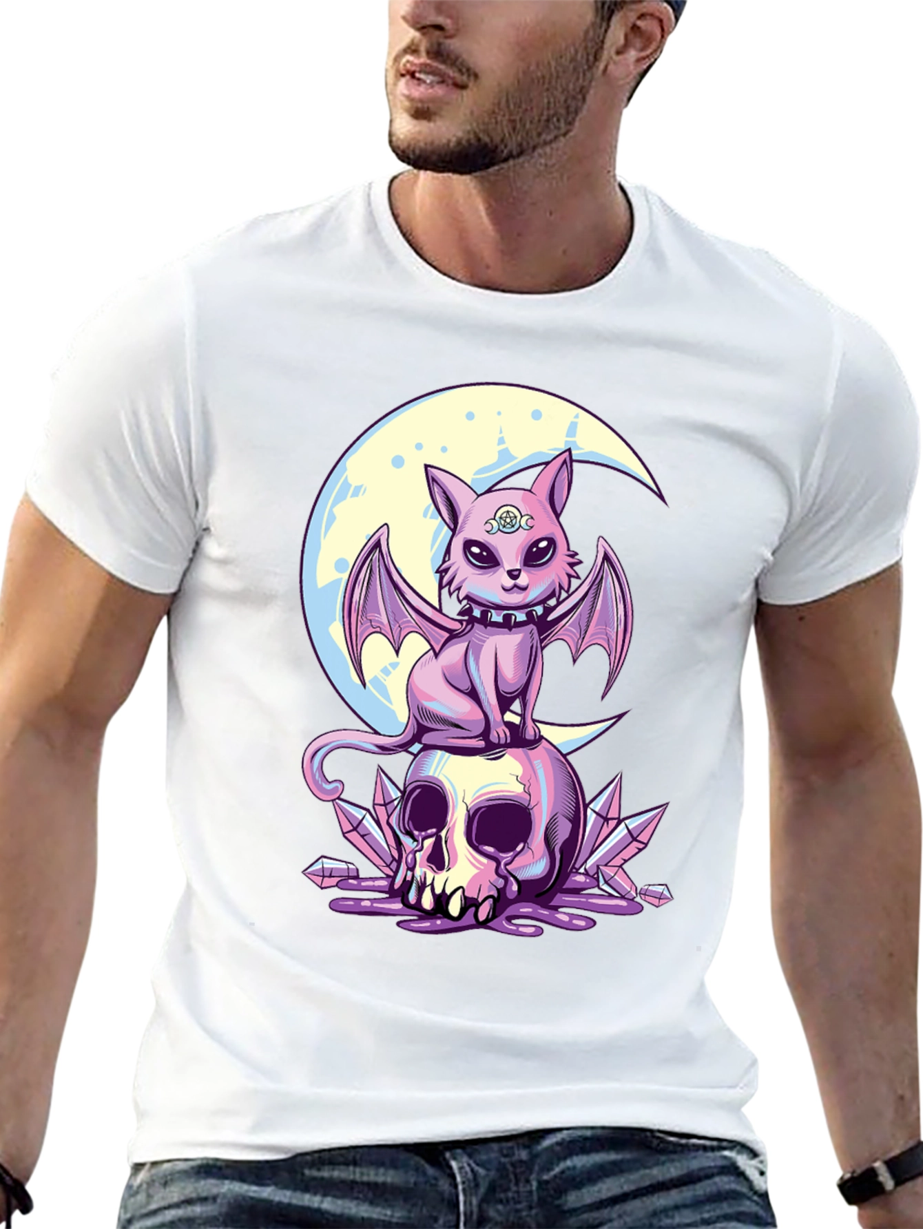 Skull Moon Bat Cat Graphic T-Shirt
