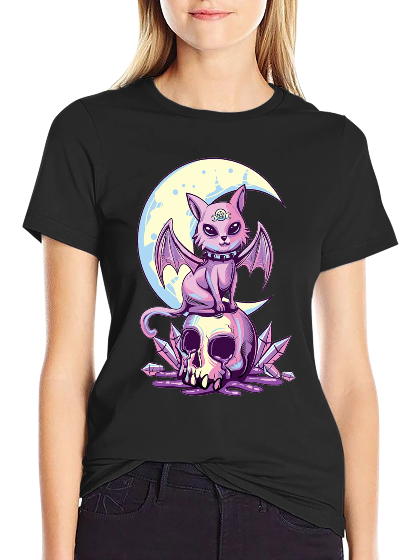 Skull Moon Bat Cat Graphic T-Shirt