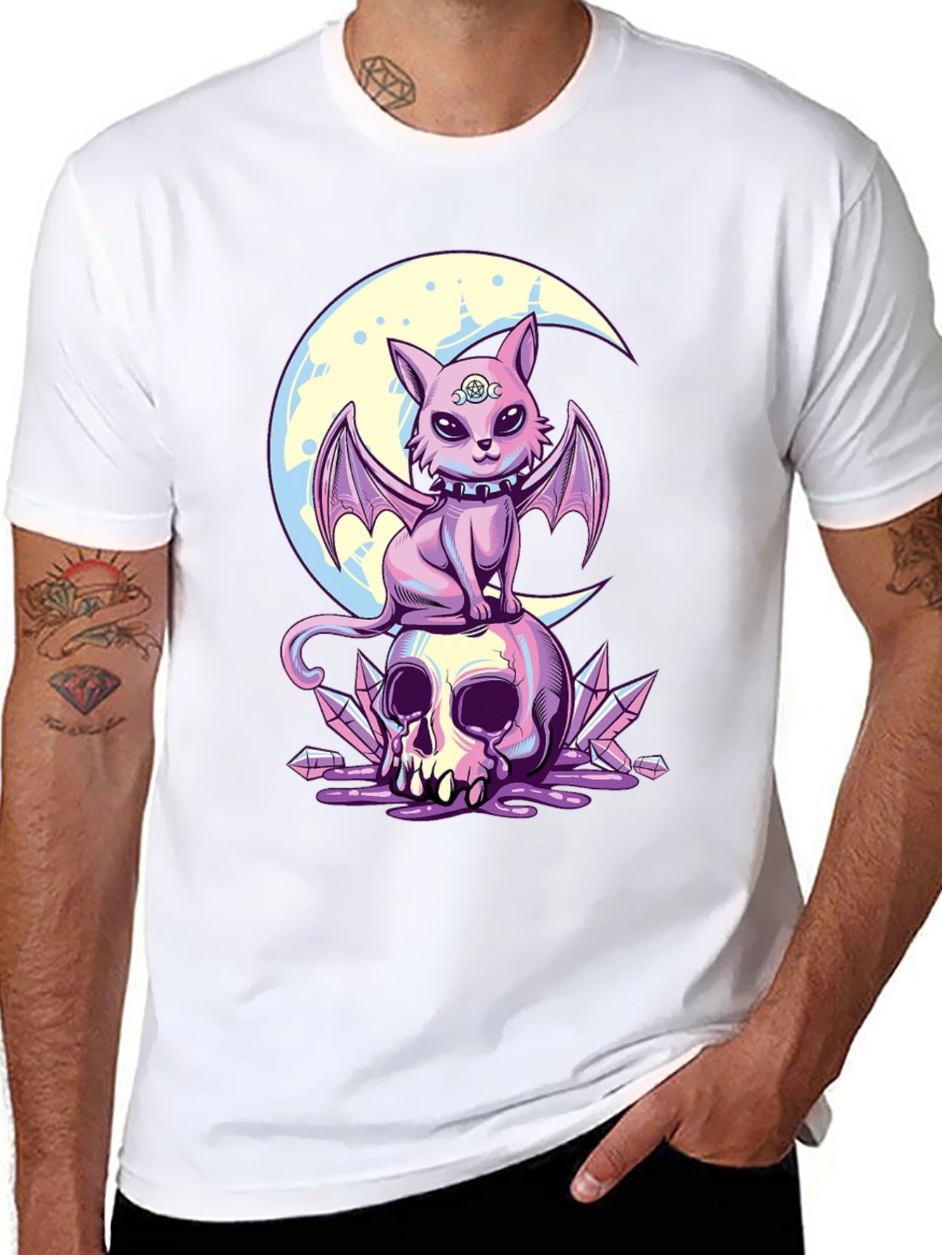 Skull Moon Bat Cat Graphic T-Shirt
