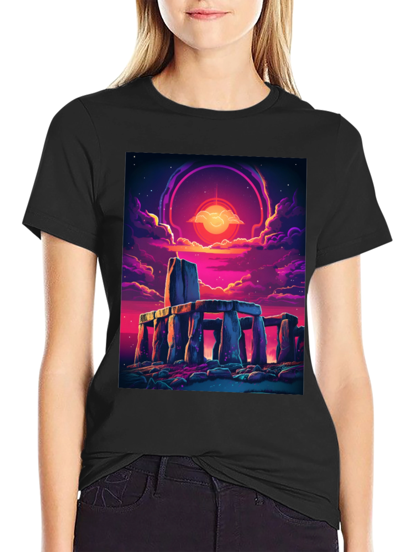 Stonehenge Sunset Graphic Tee - Black Cotton Blend