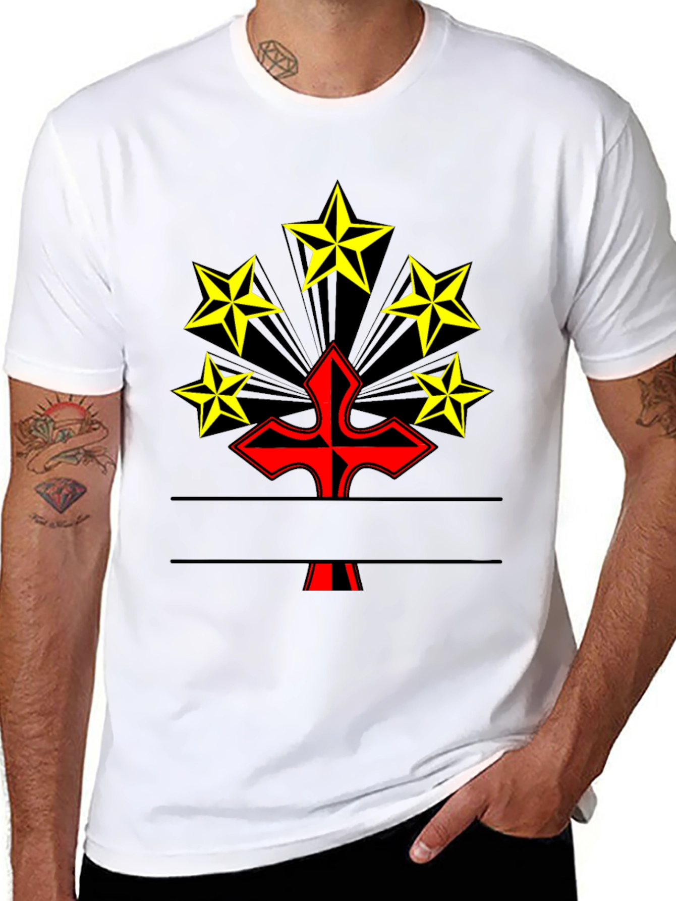 Graphic Tee: Red Cross & Yellow Stars