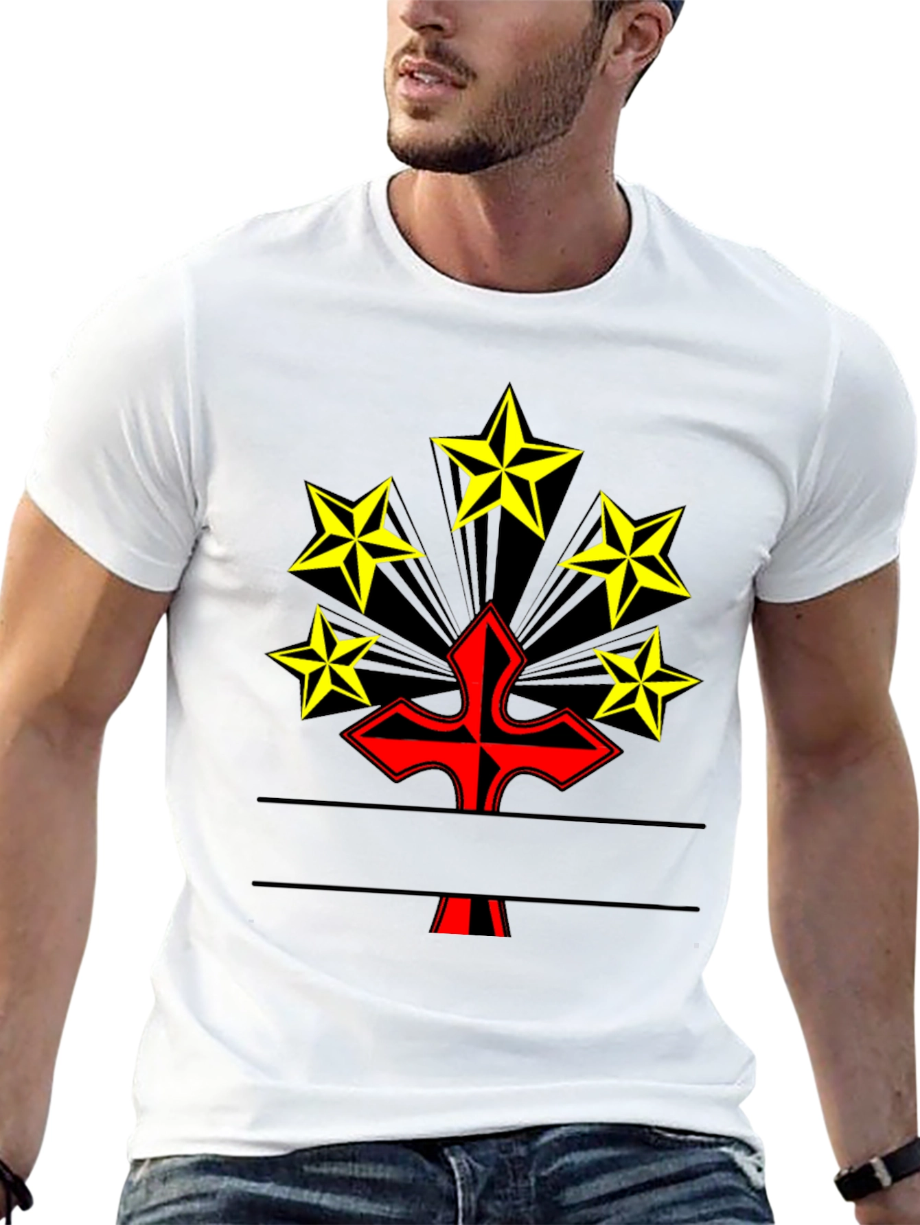 Graphic Tee: Red Cross & Yellow Stars