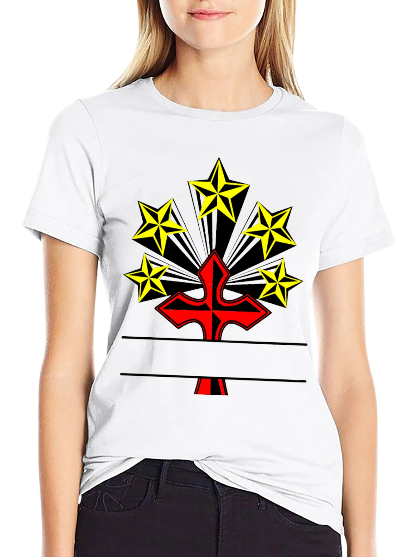 Graphic Tee: Red Cross & Yellow Stars