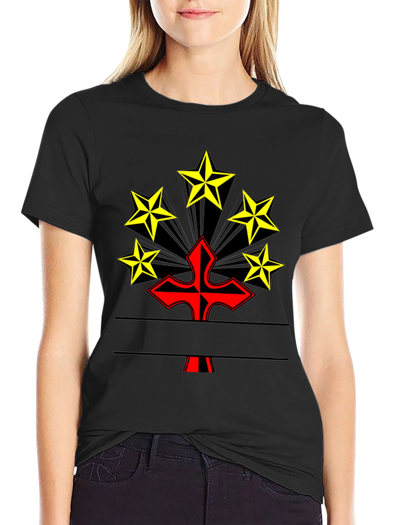Graphic Tee: Red Cross & Yellow Stars