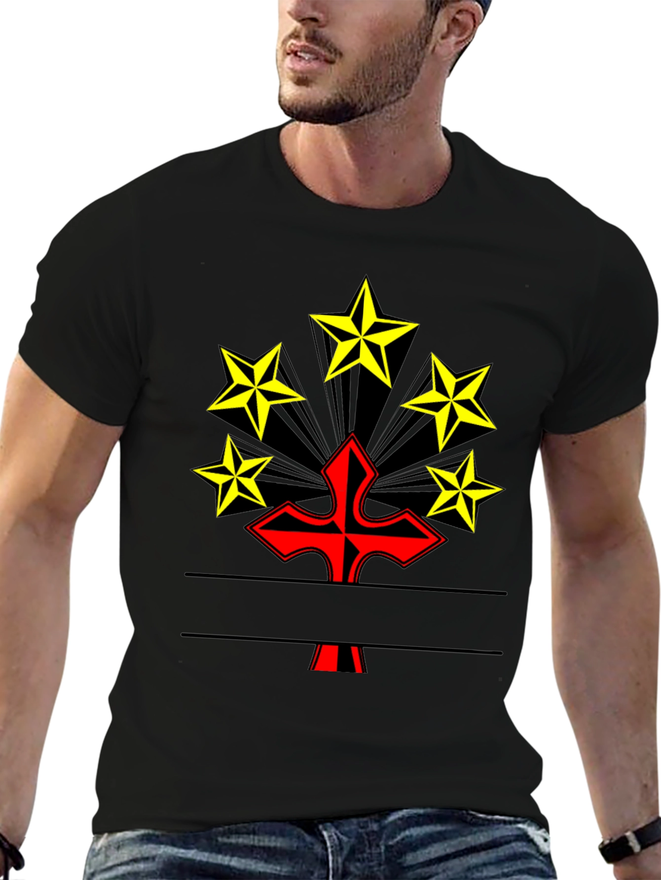 Graphic Tee: Red Cross & Yellow Stars