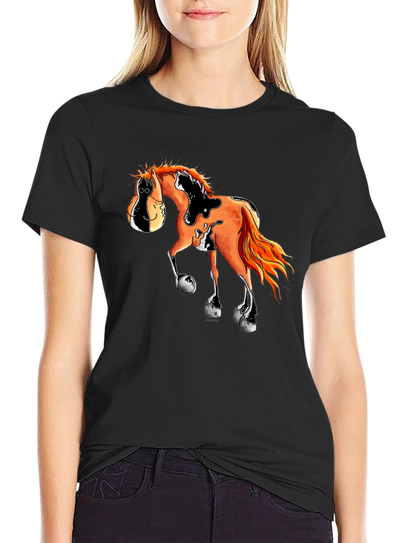 Cartoon Horse Graphic Tee - Black Cotton Blend