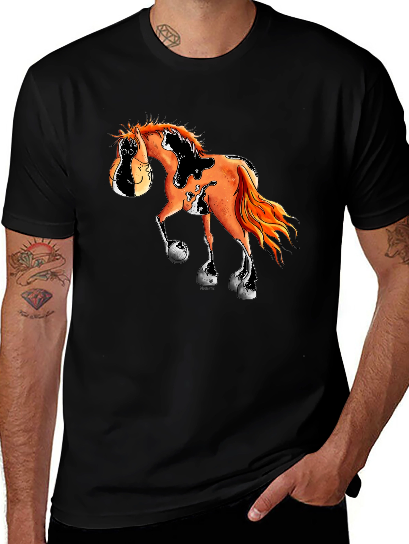 Cartoon Horse Graphic Tee - Black Cotton Blend