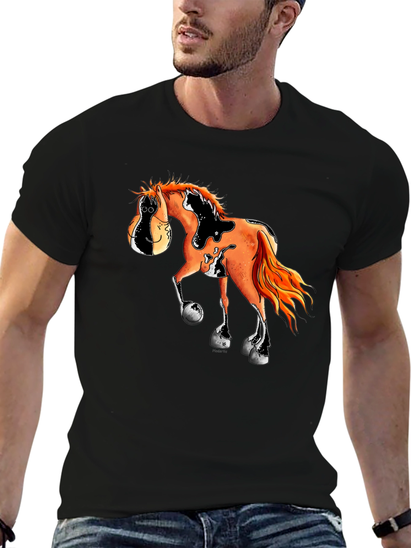 Cartoon Horse Graphic Tee - Black Cotton Blend