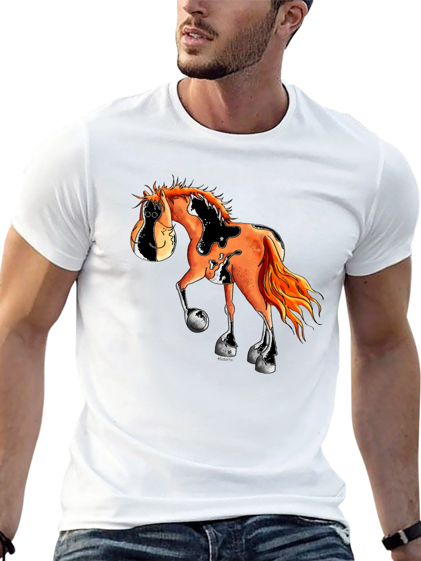 Cartoon Horse Graphic Tee - Black Cotton Blend