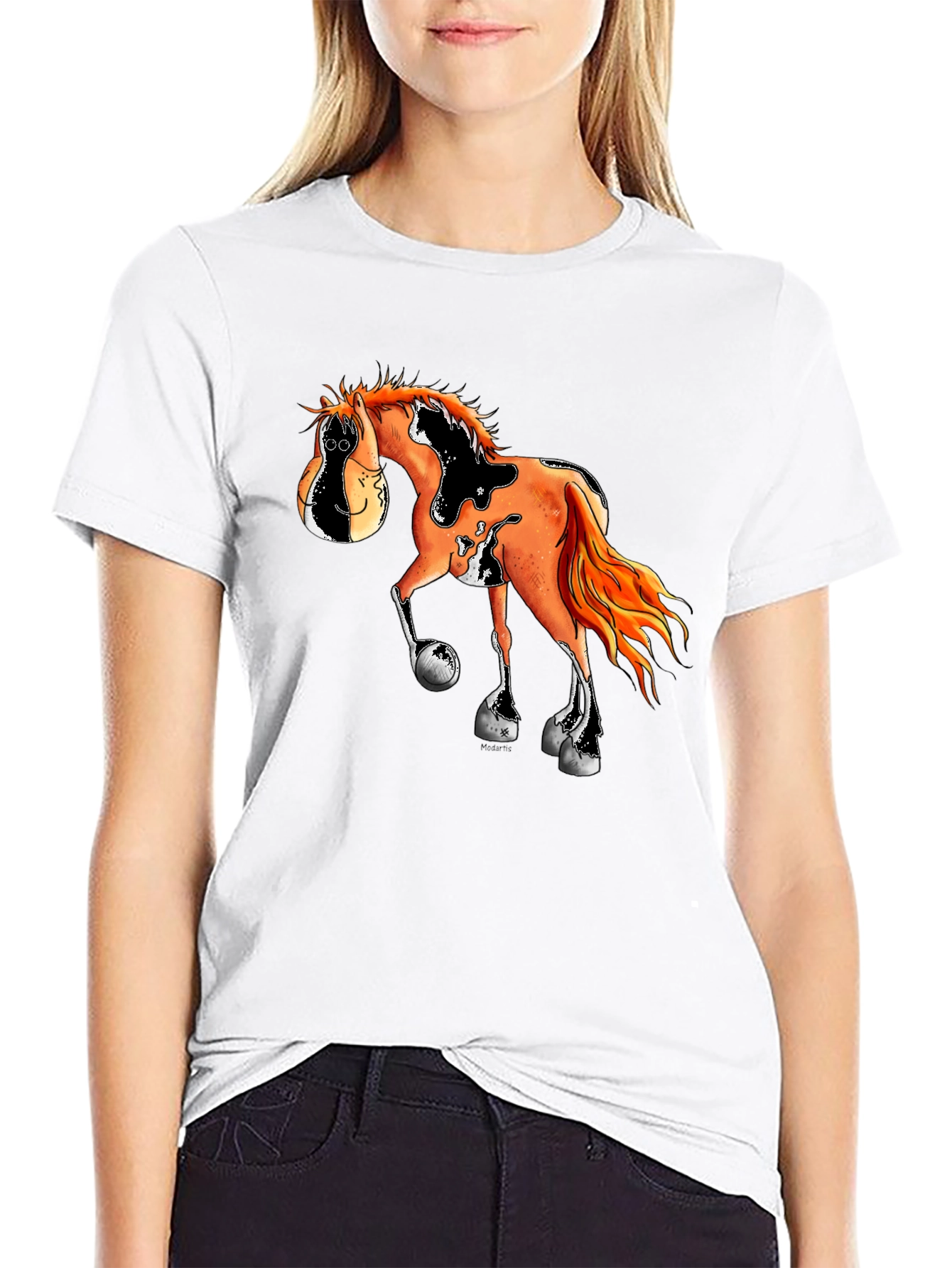 Cartoon Horse Graphic Tee - Black Cotton Blend