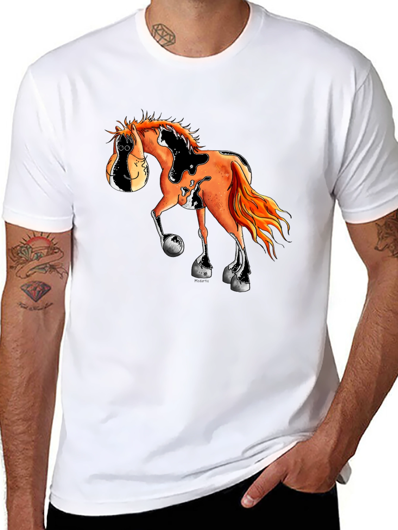 Cartoon Horse Graphic Tee - Black Cotton Blend