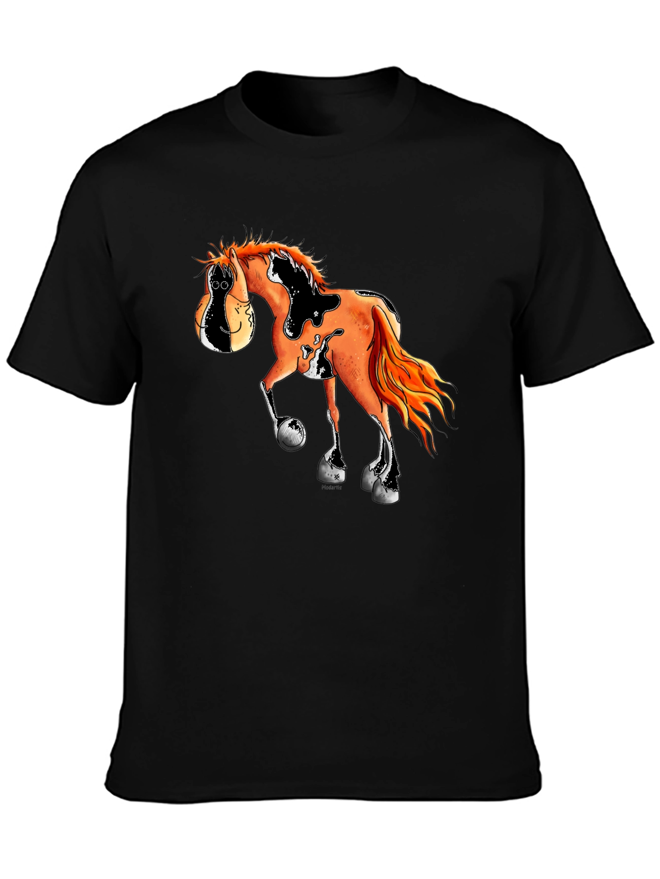 Cartoon Horse Graphic Tee - Black Cotton Blend