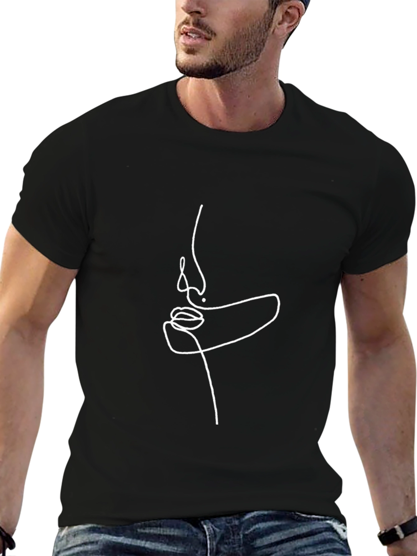 Minimalist Face Line Art Black T-Shirt