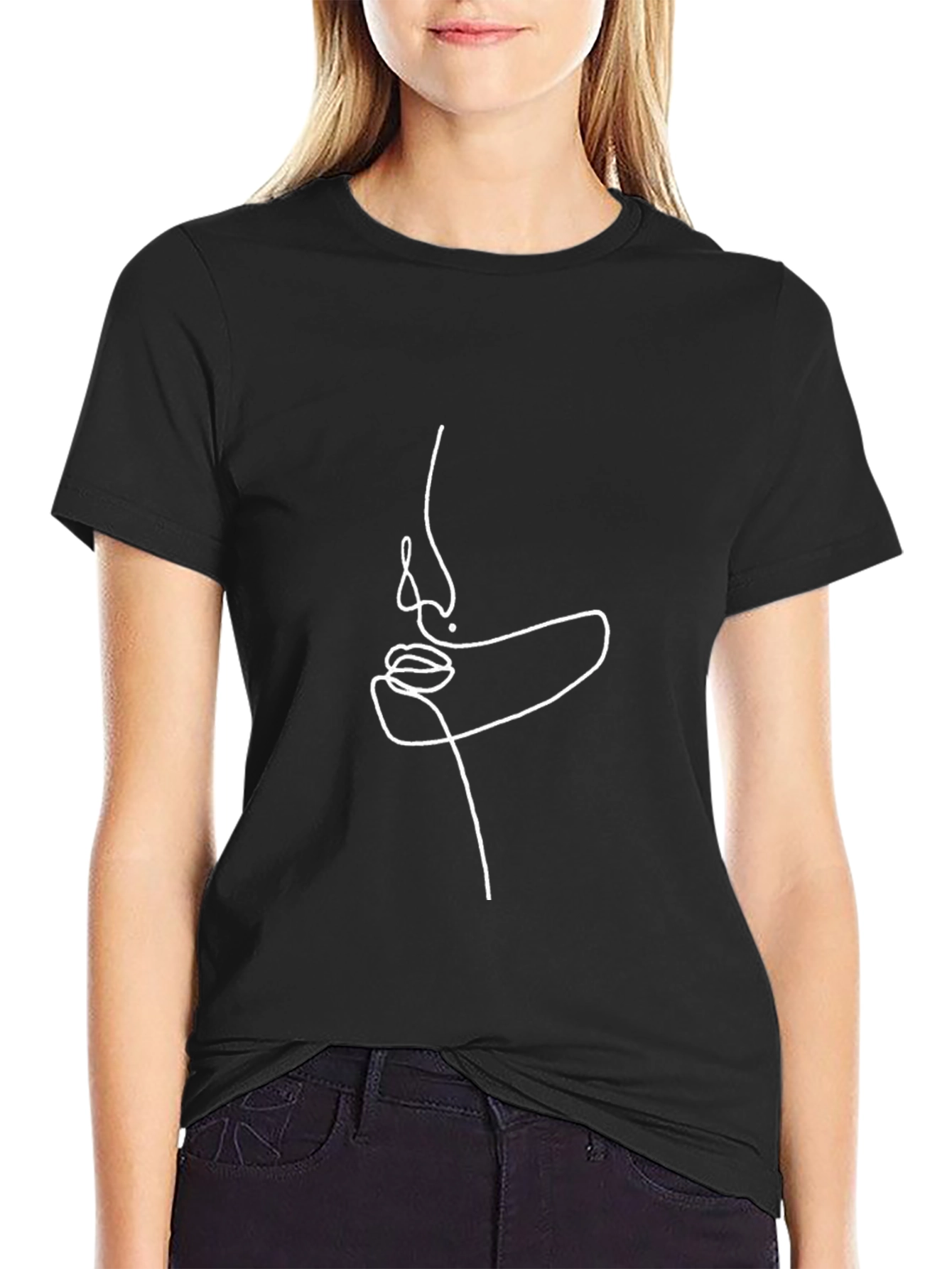 Minimalist Face Line Art Black T-Shirt