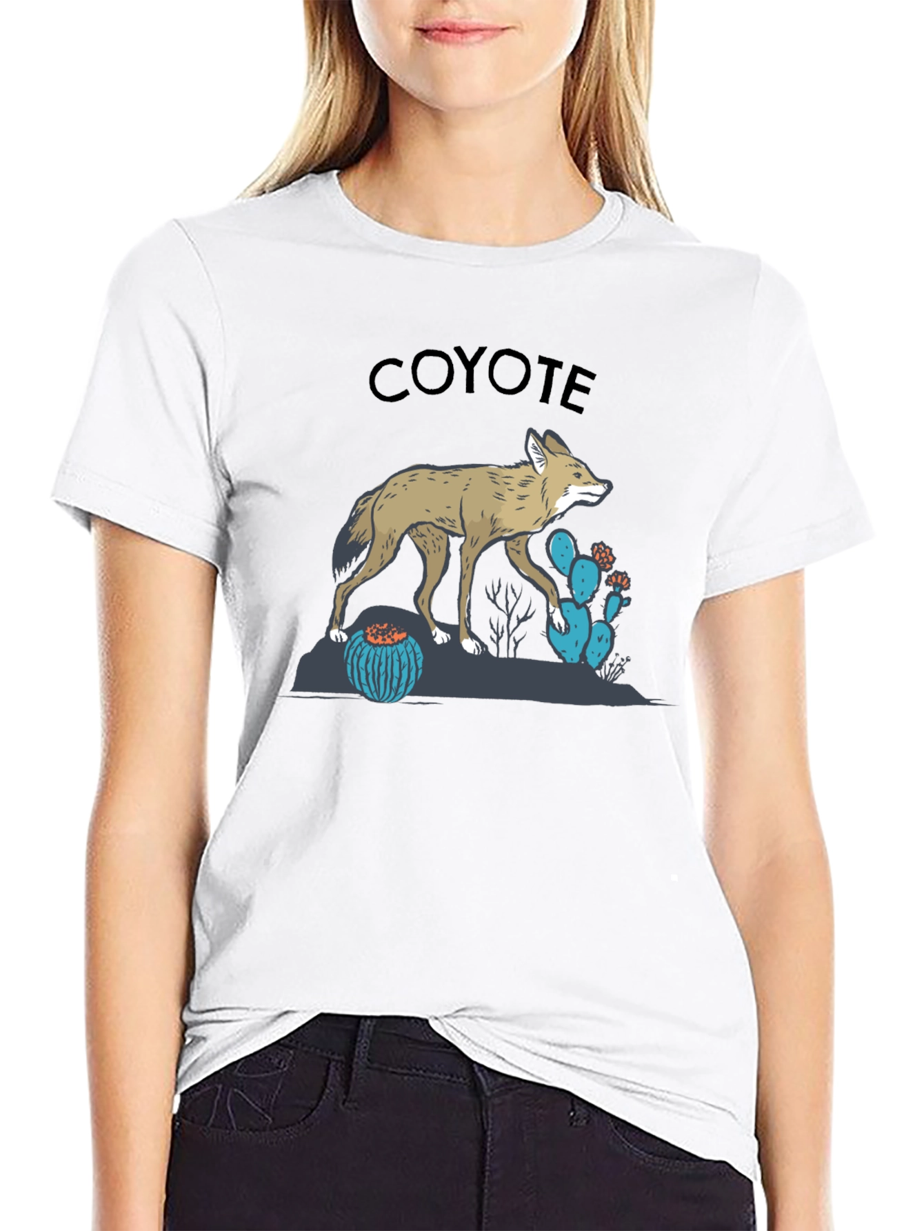 Coyote Graphic Tee - Desert Theme Print Black T-Shirt