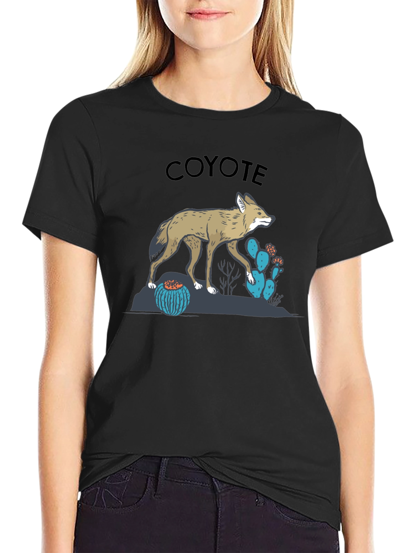 Coyote Graphic Tee - Desert Theme Print Black T-Shirt