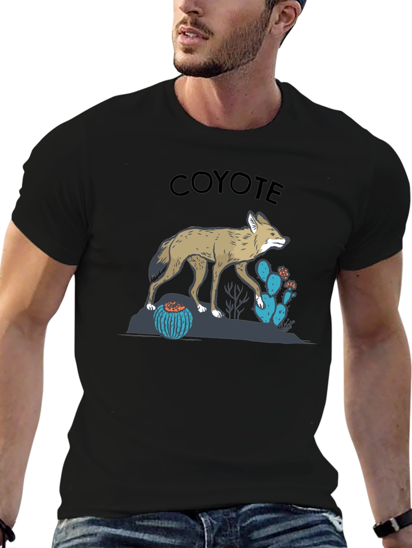 Coyote Graphic Tee - Desert Theme Print Black T-Shirt