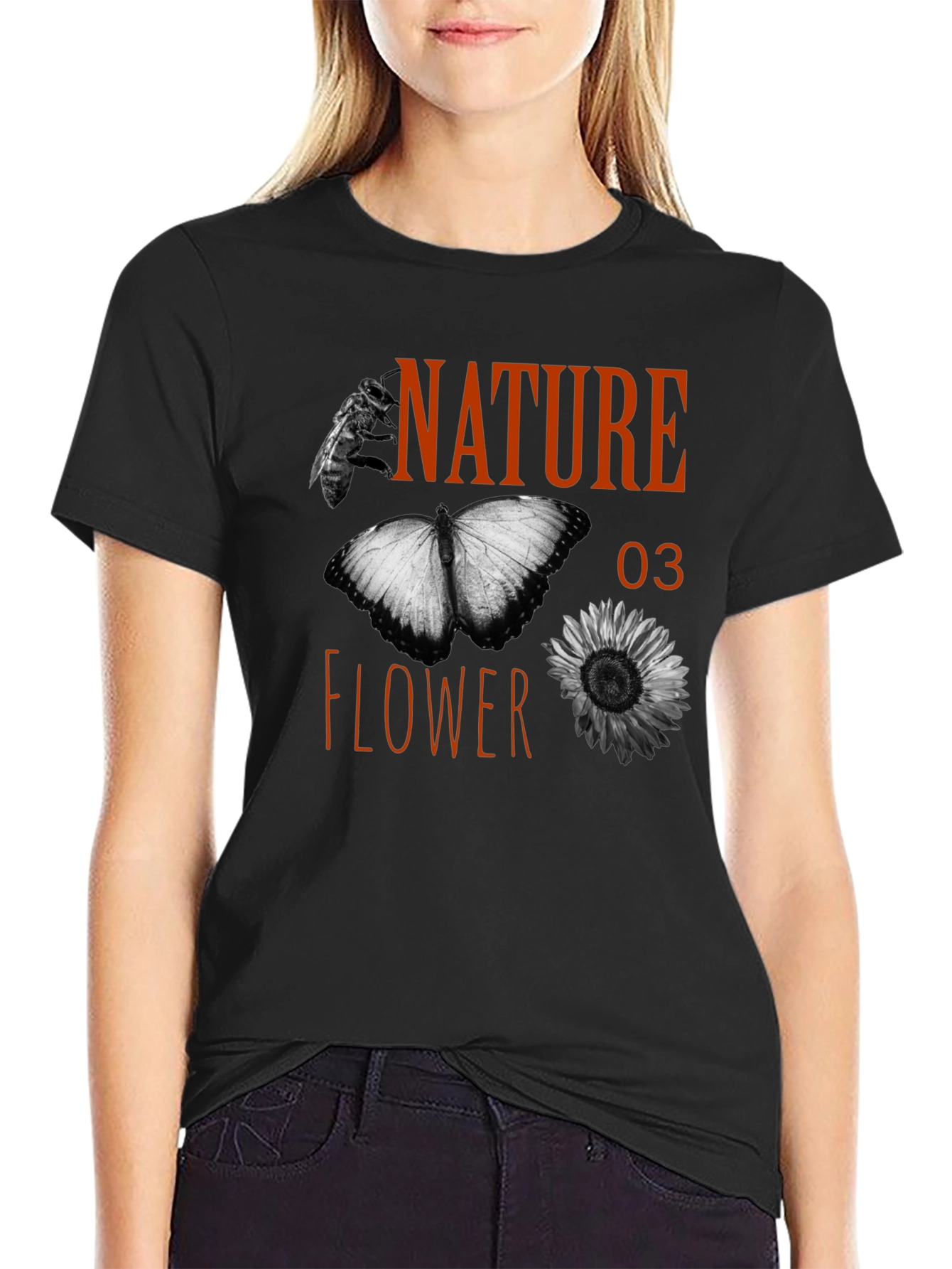 Nature Flower Graphic Tee - Black Cotton Blend