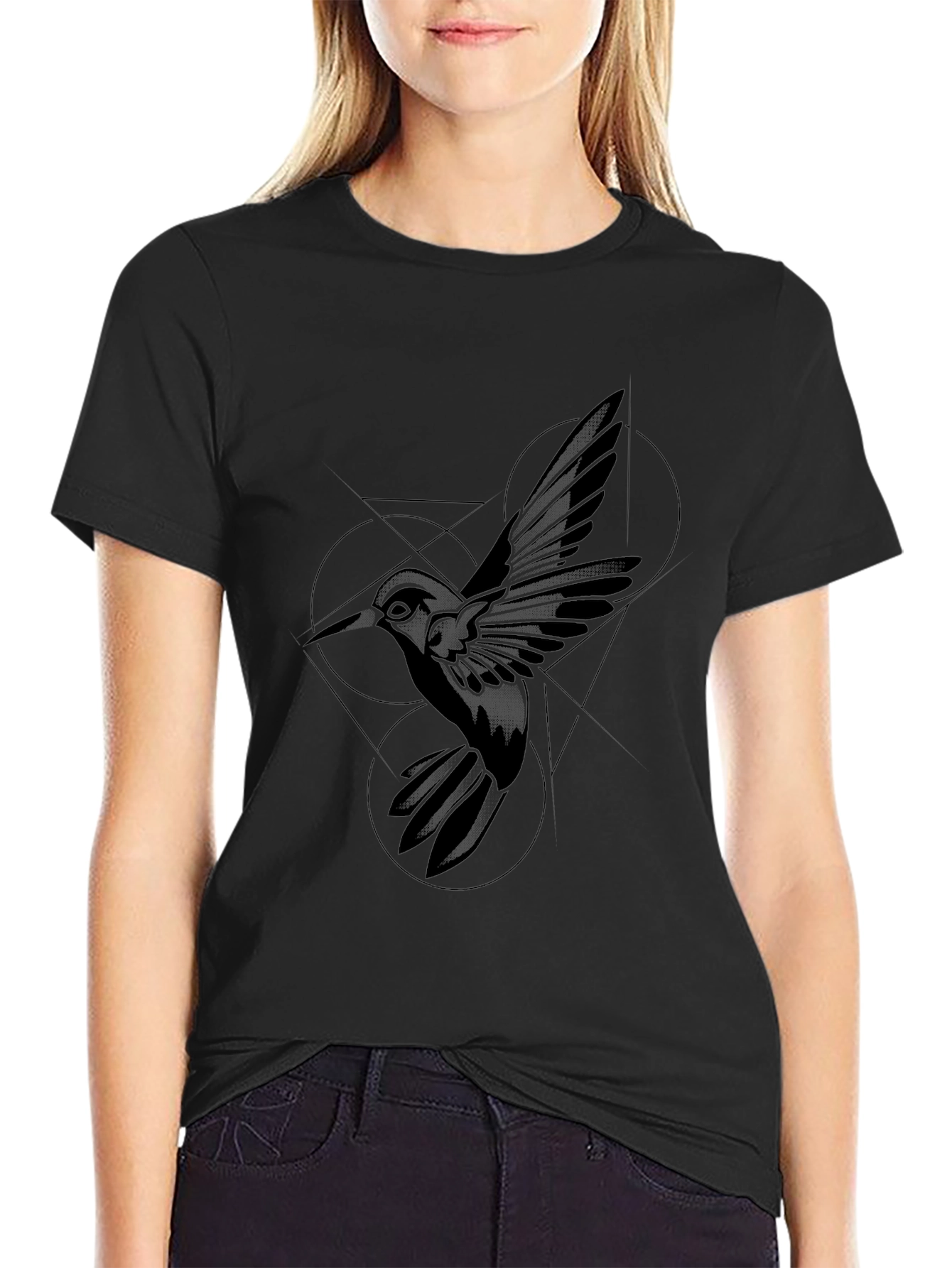 Geometric Hummingbird Black T-Shirt