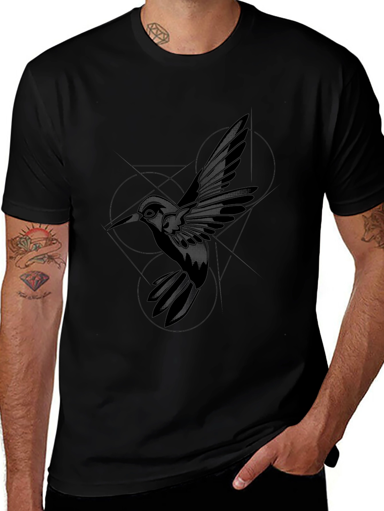 Geometric Hummingbird Black T-Shirt