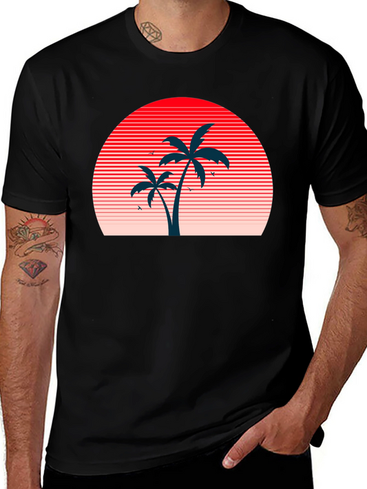 Retro Sunset Palm Tree Graphic Tee - Black