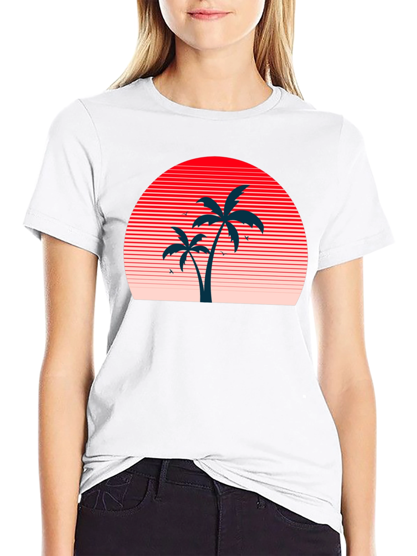 Retro Sunset Palm Tree Graphic Tee - Black