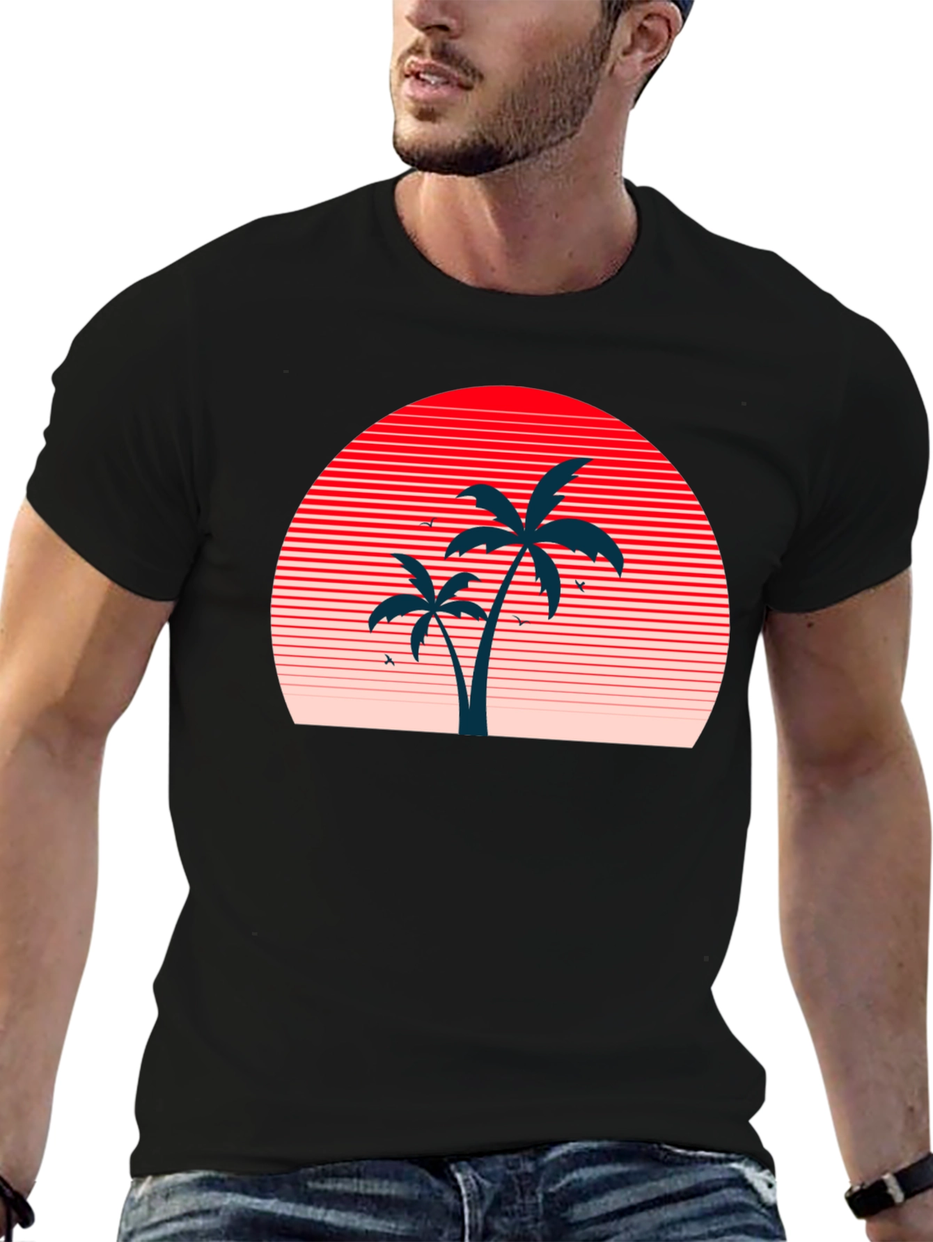 Retro Sunset Palm Tree Graphic Tee - Black