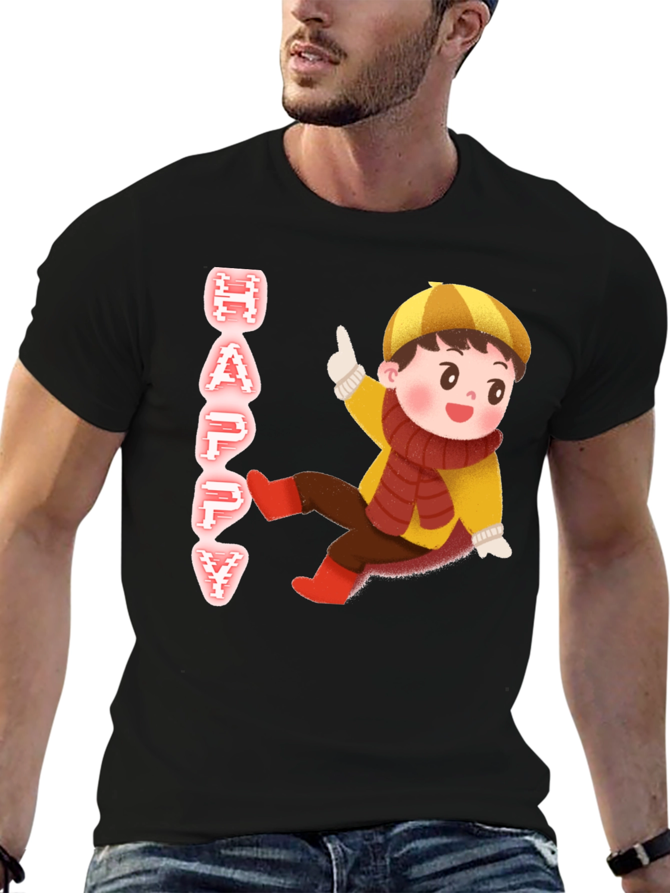 Happy Kid Graphic Print Black T-Shirt