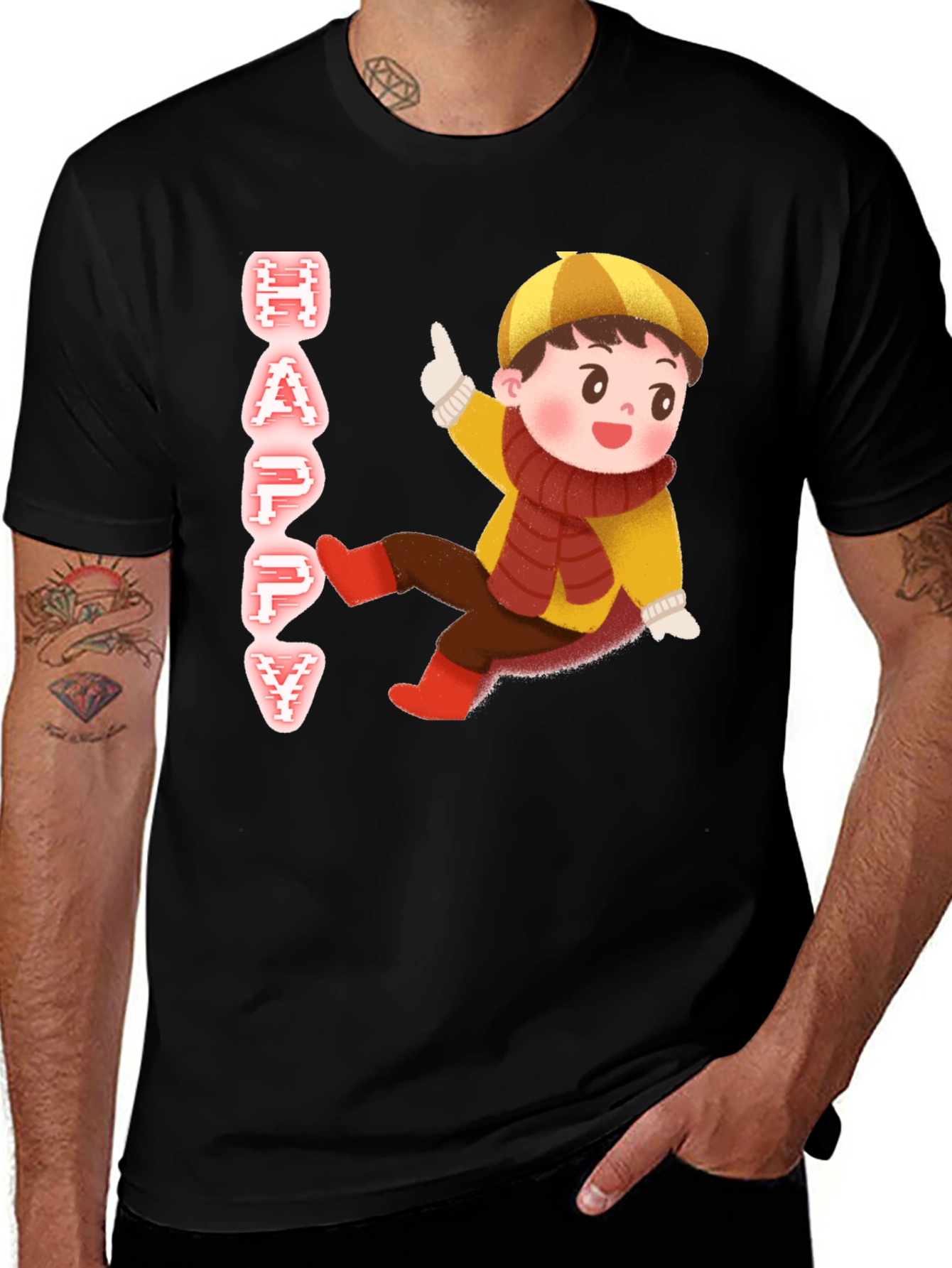 Happy Kid Graphic Print Black T-Shirt