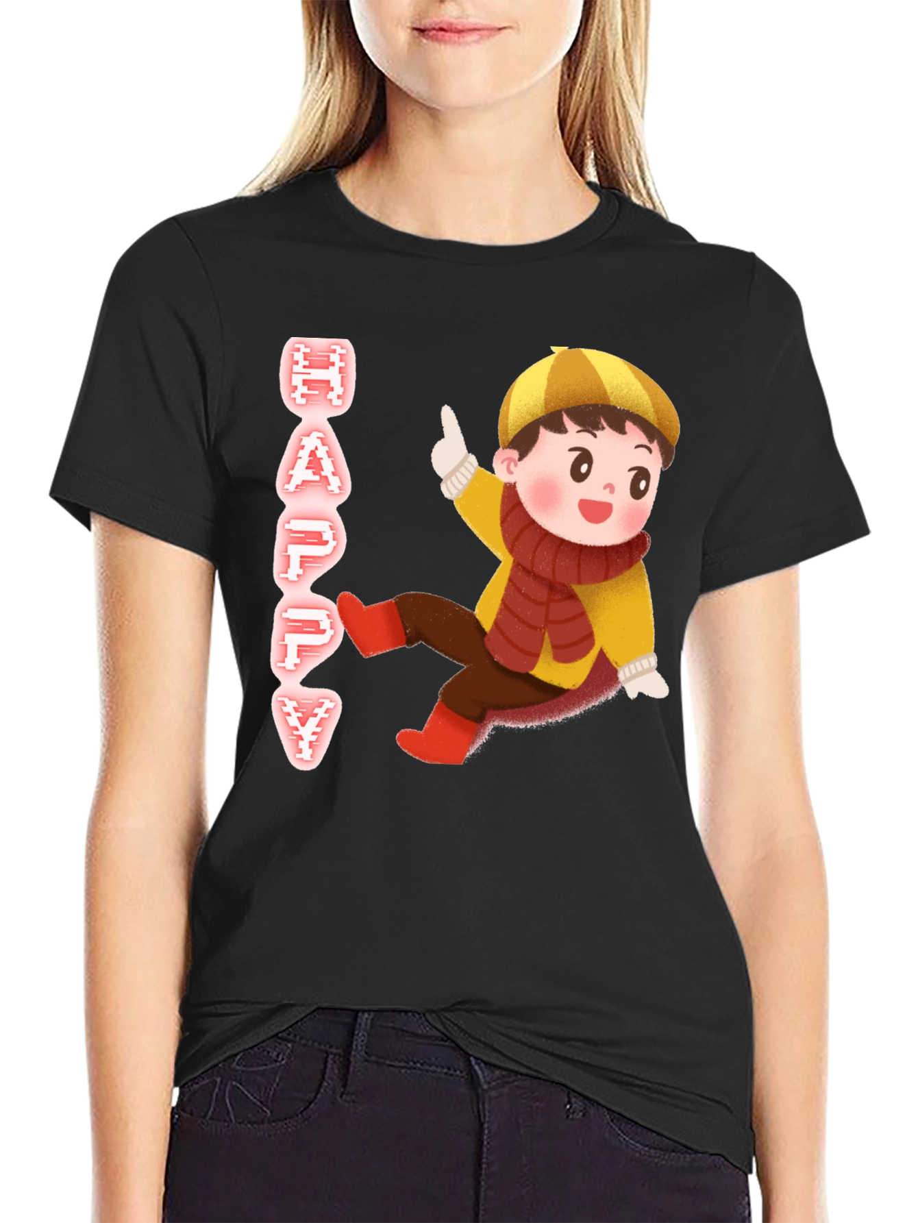 Happy Kid Graphic Print Black T-Shirt