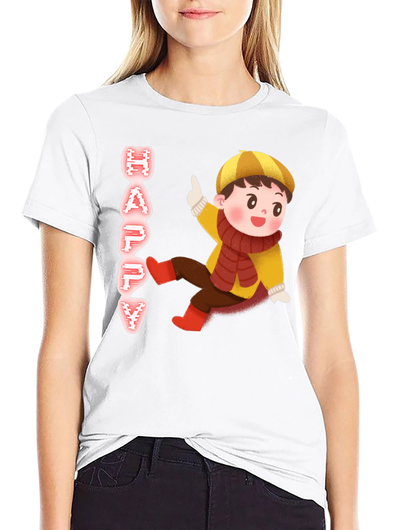 Happy Kid Graphic Print Black T-Shirt
