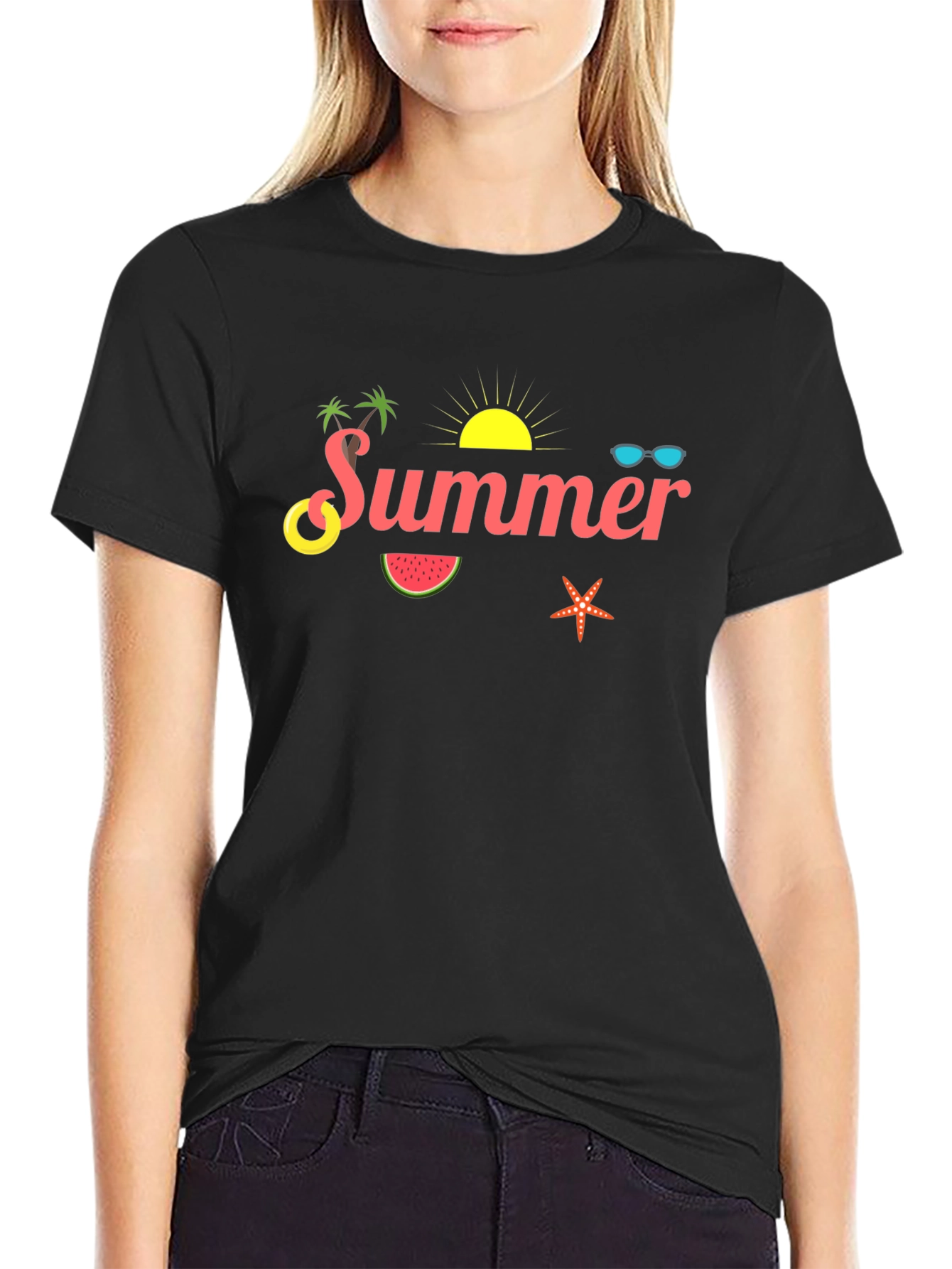 Summer Themed Black Cotton T-Shirt