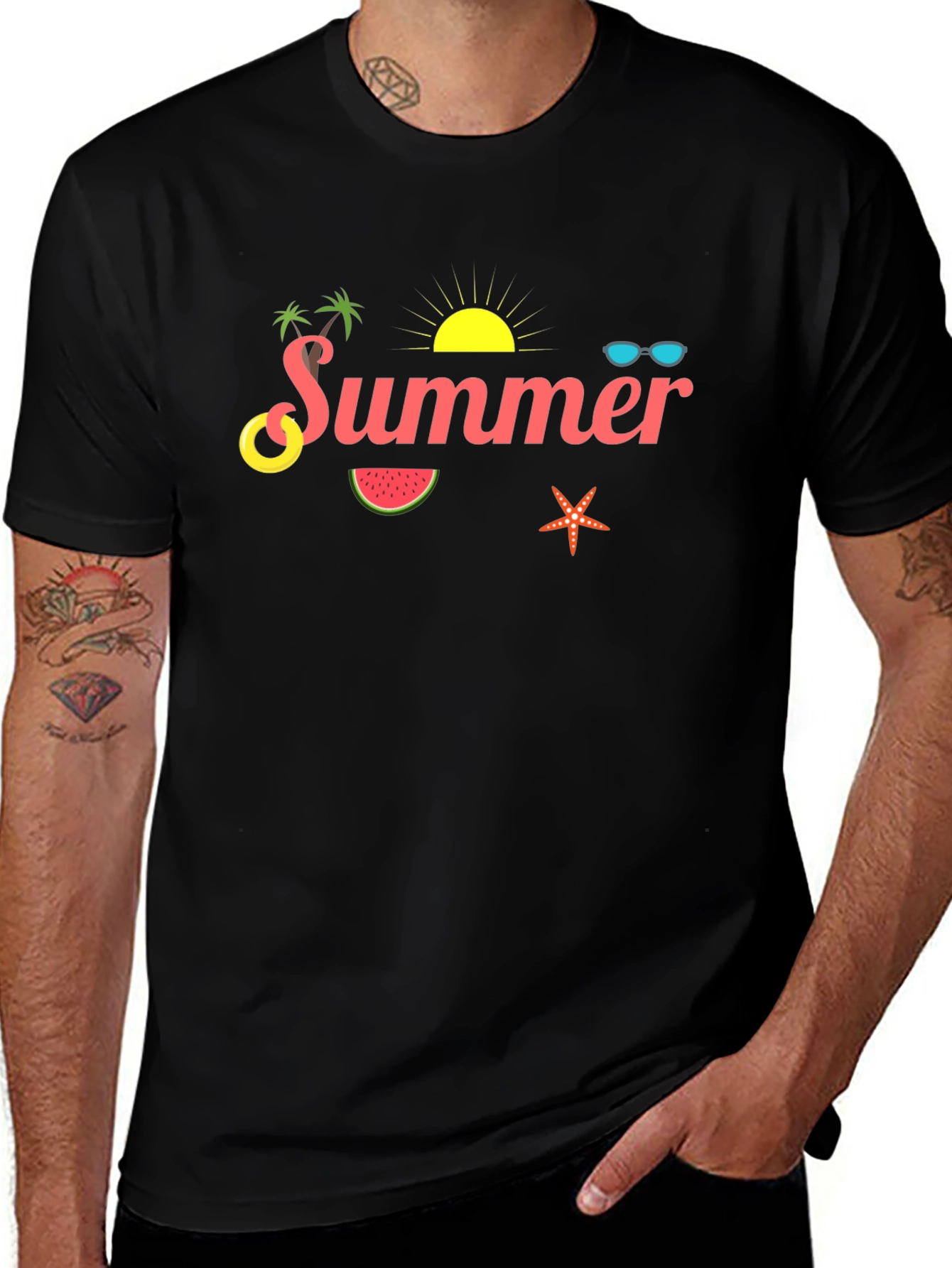 Summer Themed Black Cotton T-Shirt