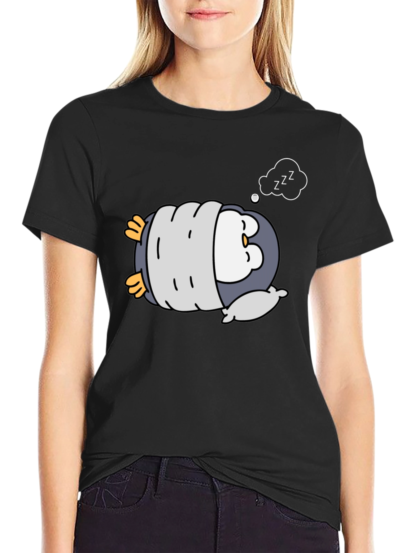 Cute Sleeping Penguin Black T-Shirt