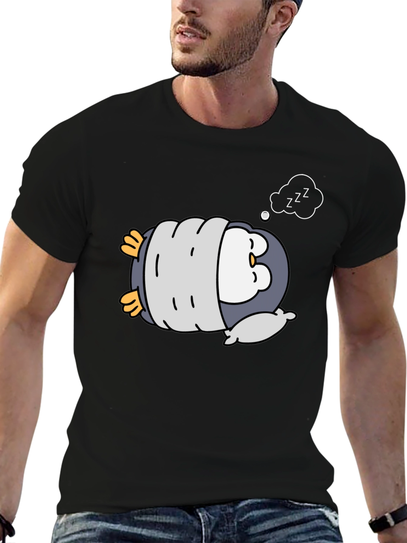 Cute Sleeping Penguin Black T-Shirt
