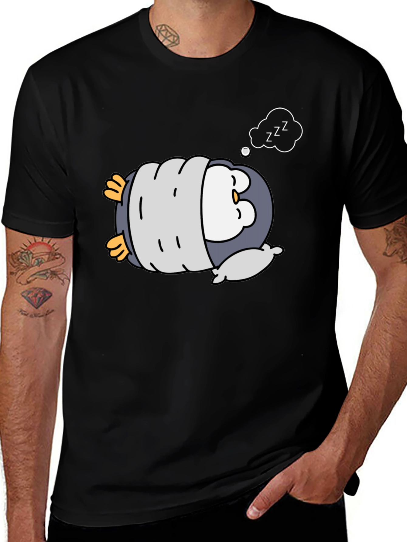 Cute Sleeping Penguin Black T-Shirt