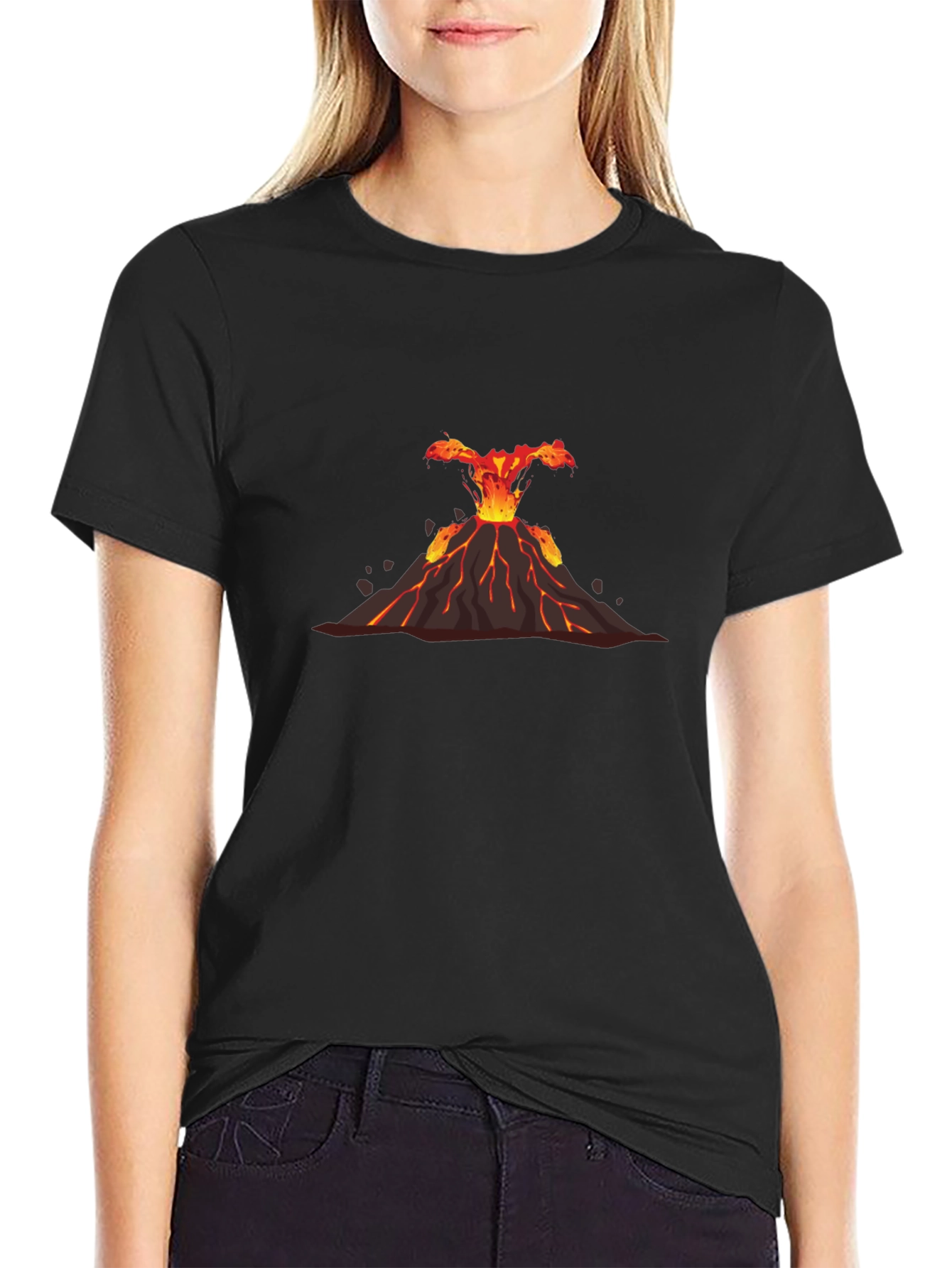 Volcano Eruption Graphic Tee - Black Cotton T-Shirt